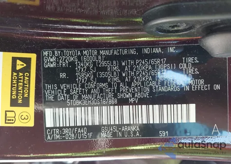 2013 Toyota Highlander Base Plus V6 z USA, uszkodzony, nr VIN 5TDBK3EH3DS187868